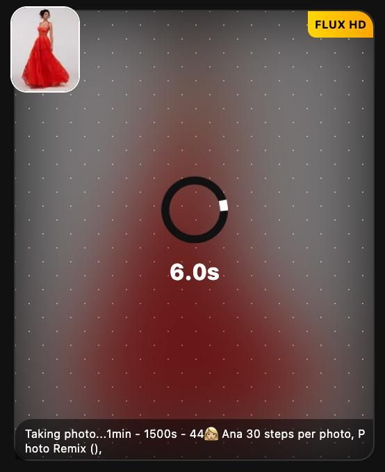 The image displays a loading interface for a photo-taking process featuring a model in a red dress.