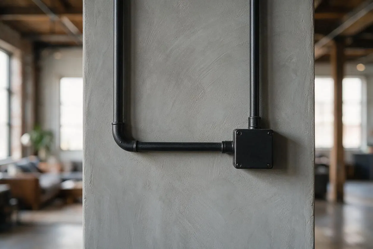 A smooth gray concrete wall fills the foreground, with matte black metal conduit running vertically and horizontally across it and turning at a rounded elbow. The background is softly blurred, showing an industrial loft interior with exposed beams, large windows, and warm wood tones.