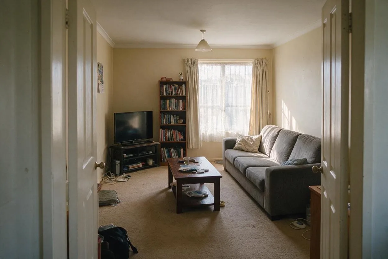An ordinary living room with a gray sofa, a TV on a stand, a bookshelf, net curtains and a beige carpet