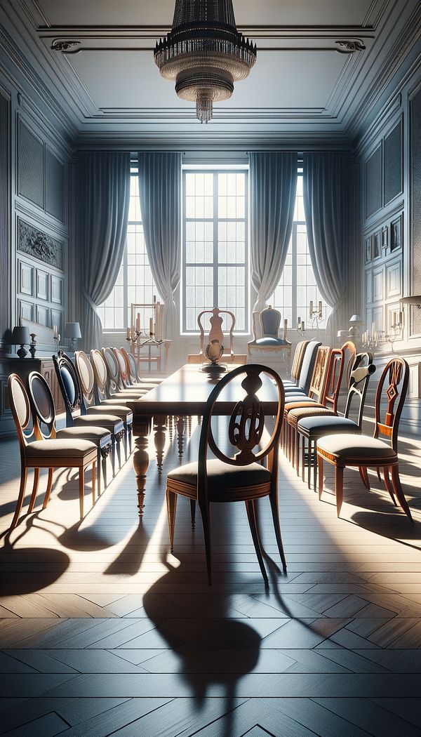 a selection of modern and traditional side chairs arranged around a dining table in a well-lit room