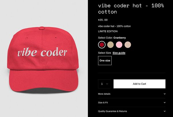A vibrant red cap featuring the phrase 'vibe coder' in white text, displayed alongside product details for purchase.