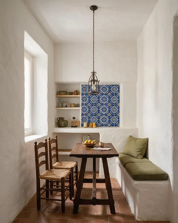 A narrow Mediterranean-style dining nook with white plaster walls, terracotta floor tiles, and a small dark wood table set with simple tableware and fruit. Two wooden chairs with woven seats sit beside a built-in bench with olive green cushions, while a recessed wall niche displays pottery and glassware next to a vivid blue patterned tile panel under a hanging iron light fixture.
