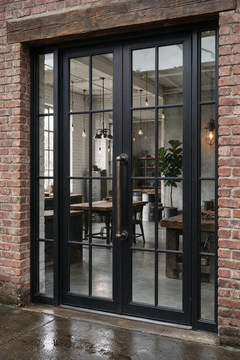 A weathered industrial-style exterior with exposed red brick framing tall black steel-and-glass French doors. Through the glass, an interior with raw concrete floors, hanging Edison bulbs, rustic wood tables, and white painted brick is visible.