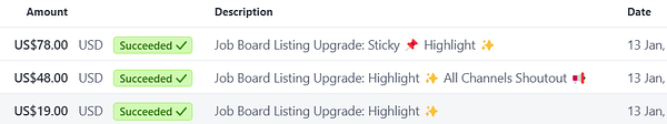 A task list displaying successful job board listing upgrades with their respective amounts and descriptions.