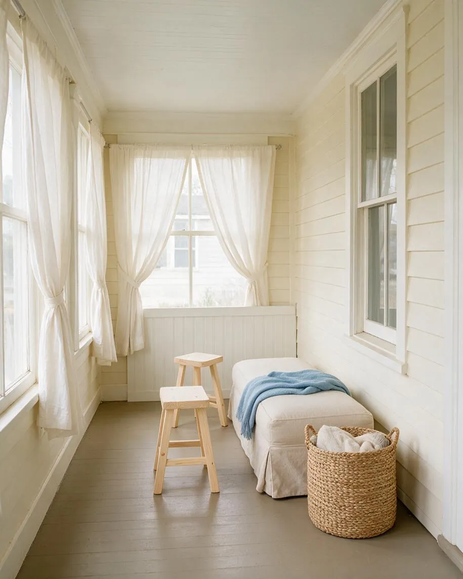 A narrow front porch styled in a coastal palette features white shiplap walls, sheer curtain panels on multiple windows, and a soft gray painted floor. A cushioned bench with a blue throw, two light wood stools, and a woven basket add natural texture and a relaxed, airy feel.