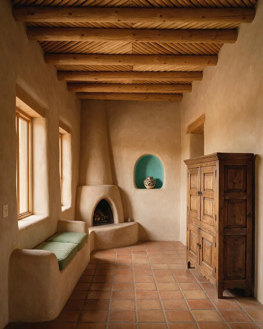 A Southwestern entryway with adobe plaster walls, exposed wooden ceiling beams, and terracotta tile flooring. A built-in bench with a green cushion sits along the left wall, while a rustic wooden cabinet and a small kiva-style fireplace add warmth and character.
