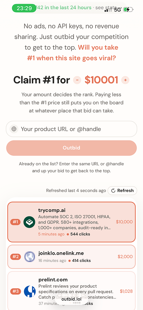 Screenshot of the website Outbid.lol showing live earnings rate and statistics for viral earnings making $10k an hour.