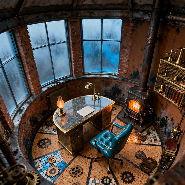 A circular steampunk home office features exposed red brick, riveted metal walls, and tall curved windows fogged with condensation. At center sits a curved brass desk with a dark stone top, lit by a banker’s lamp and oil lamp, facing a tufted teal leather chair; a cast-iron wood stove glows beside brass shelves holding books and instruments, while a cork and mosaic tile floor shows gear motifs and radial patterns in warm amber and cool blue light.