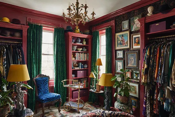 A richly decorated maximalist closet with deep red built-in shelving, green velvet curtains, and walls filled with framed artwork. Clothing hangs in organized sections on both sides, while a blue upholstered chair, brass bar cart, yellow lamps, houseplants, and an ornate chandelier add layers of color and texture.