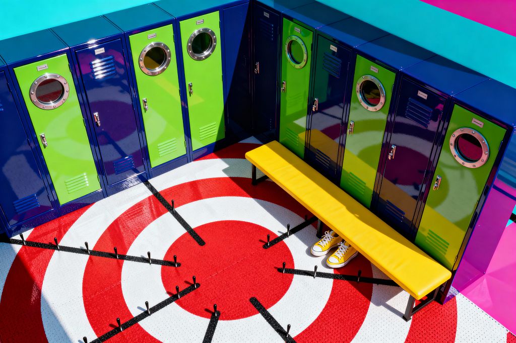 A mudroom with an L-shaped row of glossy metal lockers in electric blue and lime features round porthole windows and chrome latches. A long yellow bench stands over a high-gloss red-and-white bullseye floor with radial black floor hooks; cyan, teal, and magenta color-blocked walls and a pair of yellow sneakers underscore the bright Pop Art palette as daylight reflects off the lacquered surfaces.