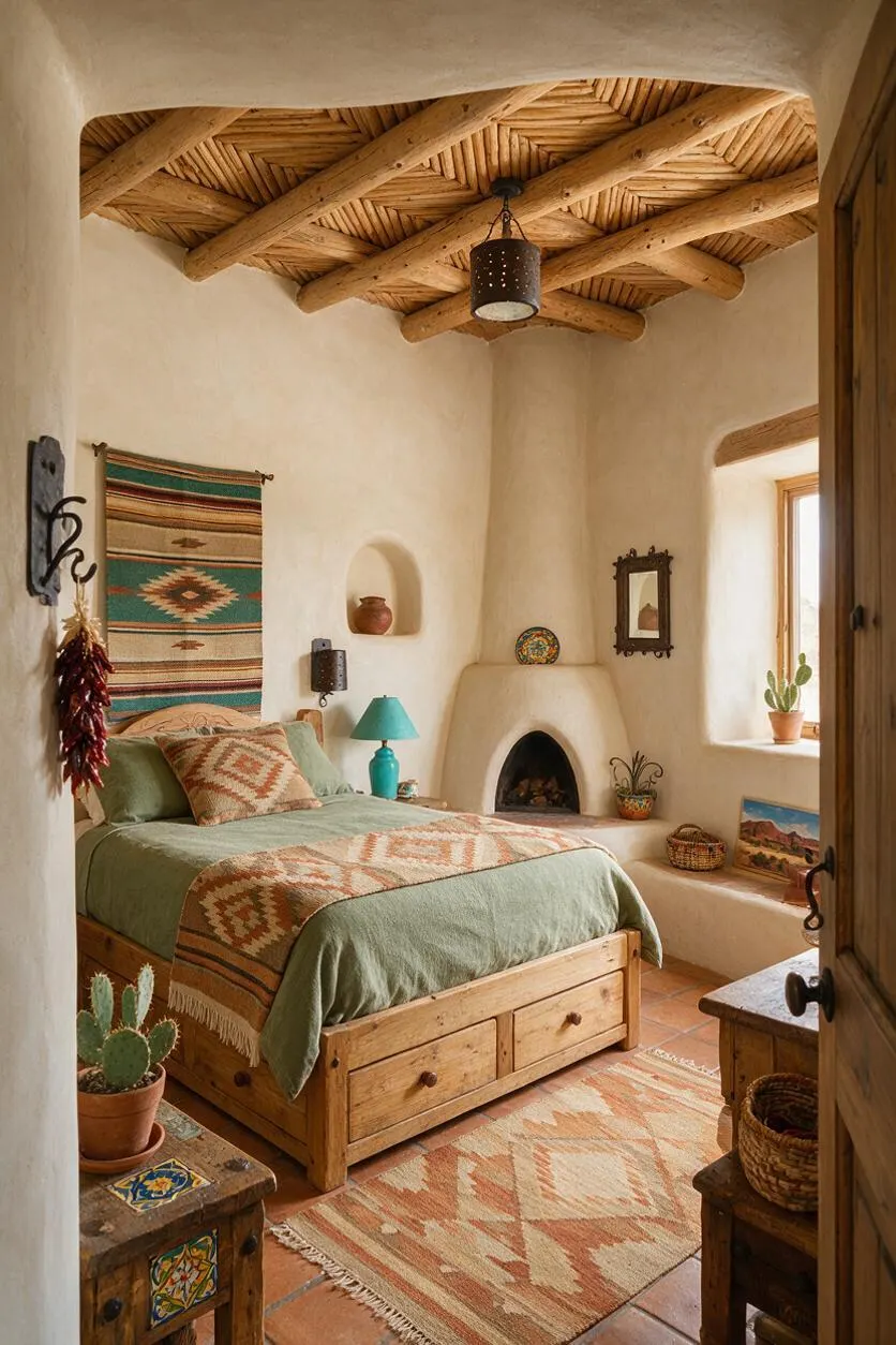 A Southwestern-style guest bedroom with a wooden bed frame, sage green bedding, and patterned woven textiles. The room features plaster walls, a curved adobe fireplace, exposed wood beam ceiling, terracotta tile floor, and handcrafted decor with colorful accents.