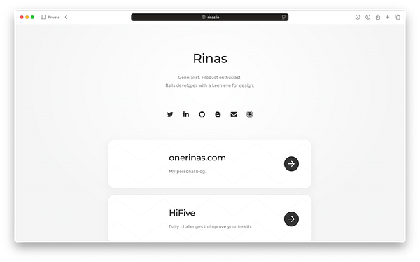 The image displays a clean and minimalistic landing page for a developer named Rinas.