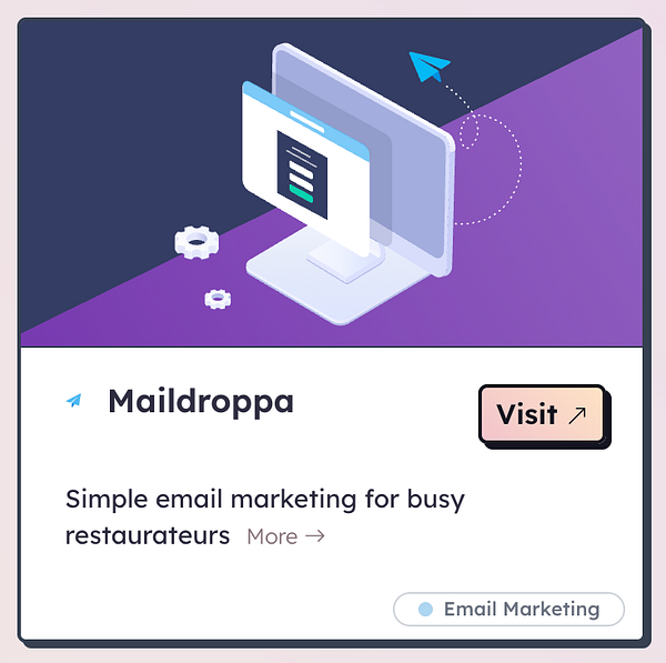 The image features a promotional graphic for Maildroppa, an email marketing tool designed for restaurateurs.