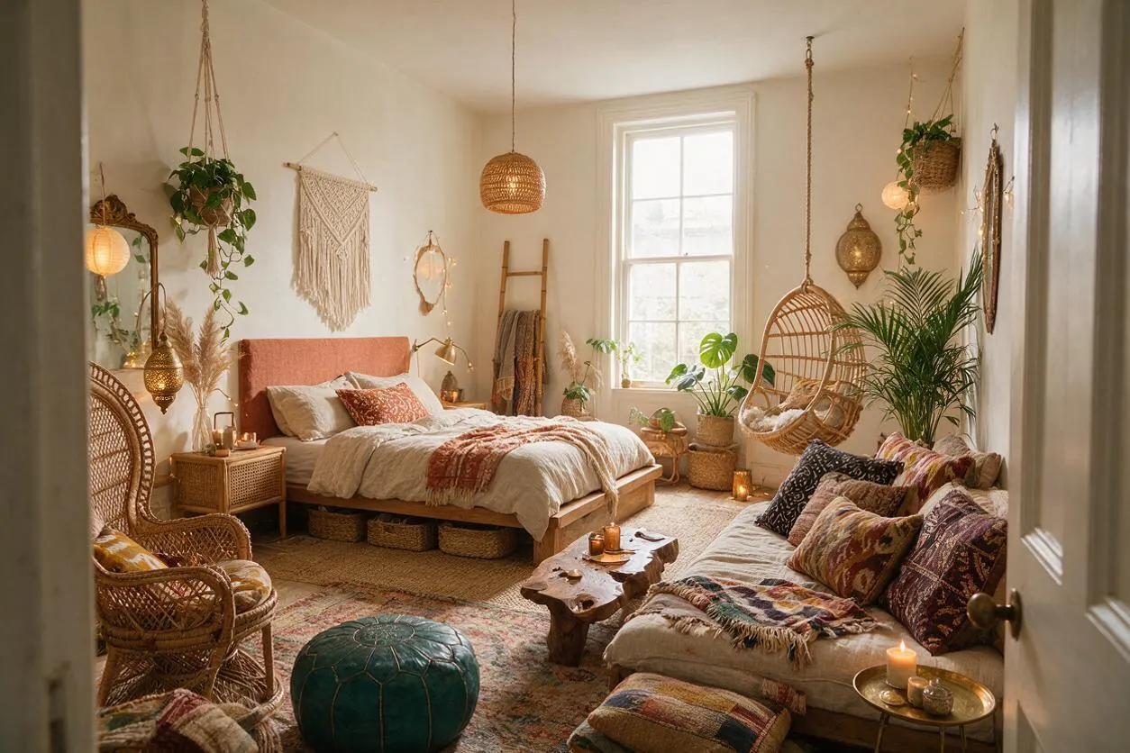A cozy bohemian master bedroom with a low wood bed, layered neutral bedding, patterned pillows, wicker and rattan furniture, hanging plants, macramé wall decor, and warm ambient lighting. A window brings in soft natural light, while plants, candles, and textured rugs create an eclectic, relaxed atmosphere.