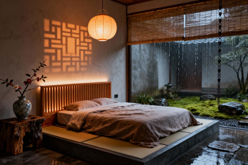 A serene bedroom features a low bed on tatami mats with a slatted wood headboard backlit by warm LEDs. A round washi paper lantern hangs above, casting a geometric shadow on a plaster wall. Floor-to-ceiling glass opens to a rain-soaked moss garden with rocks, a stone lantern, and a metal rain chain. A rustic wood stool holds a ceramic vase with flowering branches on a polished concrete floor.