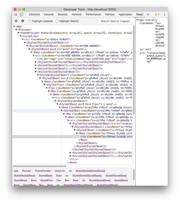 A screenshot of developer tools displaying the structure of a React application using styled-components.
