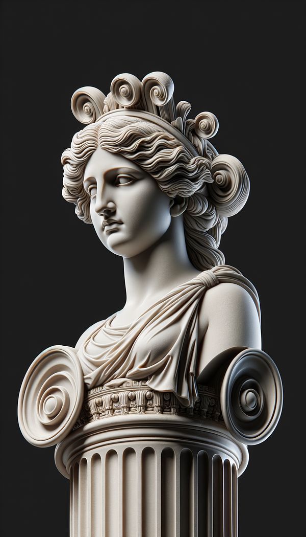 A detailed sculpture of a Caryatid serving as a support column for a balcony, with intricate hair detail and elegant drapery.