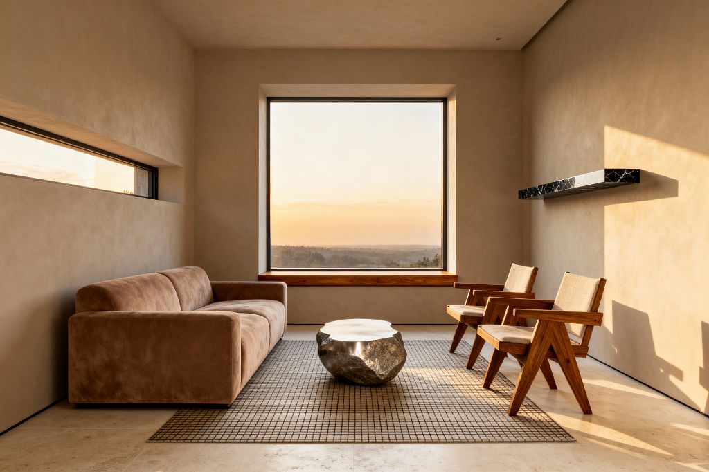 Contemporary living room with warm beige plaster walls and a large square picture window framing a sunset view. A camel velvet sofa sits on the left, opposite two angular solid-wood lounge chairs with light linen seats. An organic, boulder-like stone coffee table rests on a taupe grid-pattern rug. A narrow horizontal window punctuates the left wall, while a floating black marble shelf accents the right. Pale stone tile flooring and natural light create a calm, minimal atmosphere.