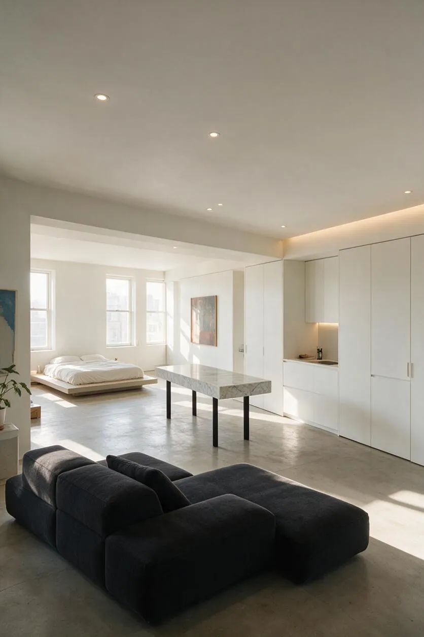 A bright minimalist studio apartment with a low platform bed near three tall windows, a long rectangular marble table on slender black legs in the center, and a large black modular sofa in the foreground. White built-in storage lines the right wall, and warm recessed lighting softens the clean neutral interior.