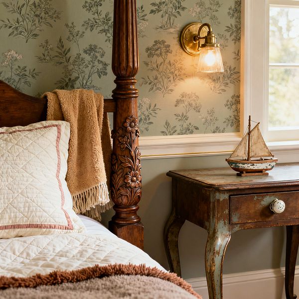 A traditional children’s bedroom corner features a carved dark-wood four-poster bed with cream quilted bedding trimmed in blush, a tan throw draped over the headboard, and a shaggy brown blanket at the foot. Beside a window with white trim sits a distressed blue‑green nightstand holding a small toy sailboat, while a brass wall sconce with a clear glass shade glows against sage green floral wallpaper and a white chair rail.