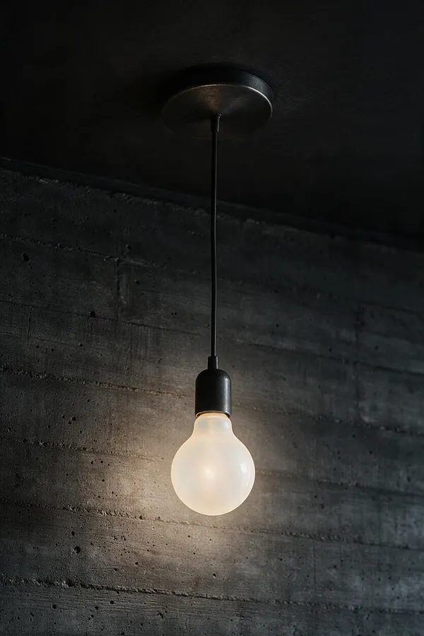 A single pendant light hangs from a dark ceiling on a thin black cord, ending in a simple black socket with an exposed frosted bulb. It glows softly against a raw concrete wall, highlighting the wall’s horizontal formwork lines and pitted texture.