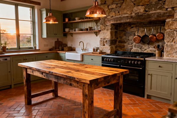 Rustic kitchen with sage-green Shaker cabinets and butcher-block counters around a large reclaimed-wood table on a herringbone terracotta floor. A white farmhouse sink with a brass bridge faucet sits beneath open shelves, while a black range is set into a rough fieldstone hearth capped by a timber beam. Copper dome pendants and hanging copper pans add warmth beside a sunlit window with countryside views.