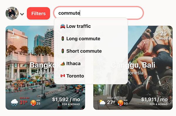 The image displays a user interface for a travel-related application featuring two cities with various statistics.