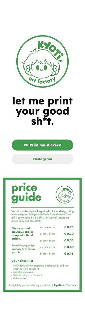 A promotional page for Kyoti Art Factory detailing sticker printing services and pricing.