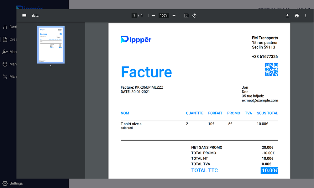 Dippper light-invoice