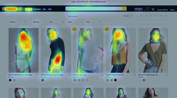 The image displays a heatmap-style product listing from a fashion website featuring various women's clothing items.