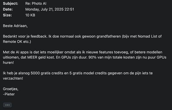 An email response addressing a customer's concerns about feature changes and GPU costs.