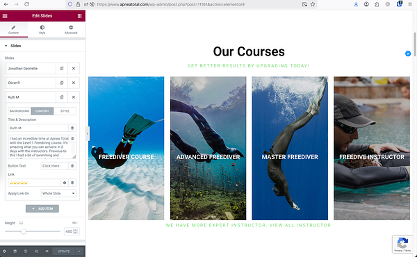 The image displays a website interface for a freediving landing page redesign, showcasing various courses and instructor testimonials.