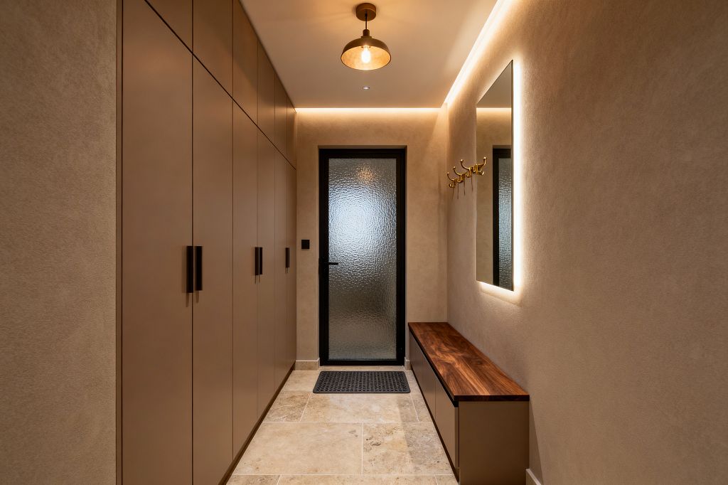 A long, narrow mudroom features full-height taupe cabinets on the left and a built-in bench with a walnut top on the right beneath a large LED-backlit mirror and brass hooks. Warm cove lighting and a small pendant illuminate beige plaster walls, cream travertine floor tiles, and a black-framed door with textured frosted glass, with a dark floor mat at the threshold for a tidy, modern entry.