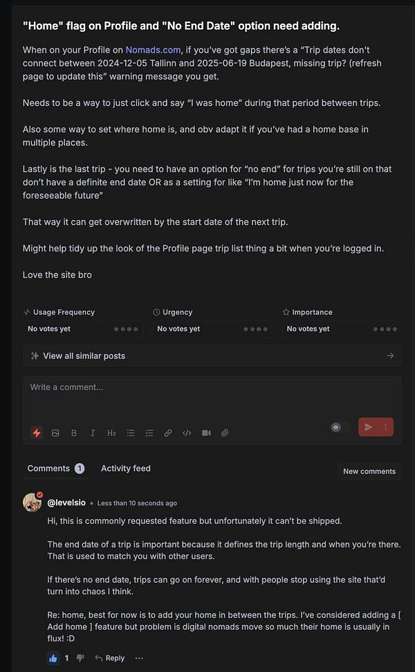 The image displays a user interface from a task management platform discussing feature requests for a travel-related website.