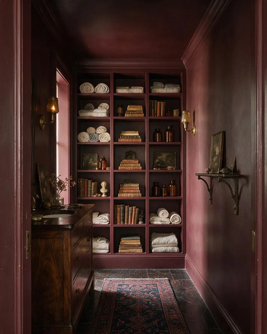 A narrow powder room with deep burgundy walls, a dark wood vanity, and brass wall sconces. The back wall features built-in shelving filled with rolled towels, stacked books, amber glass bottles, and framed art, with a vintage rug on the dark floor.