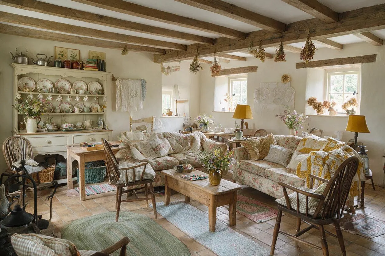 A cozy cottagecore living room with exposed wooden ceiling beams, cream plaster walls, and a mix of floral slipcovered sofas and wooden chairs. A painted cabinet displays patterned plates and teacups, while dried flowers, lace textiles, and soft yellow lamps create a warm, nostalgic atmosphere.