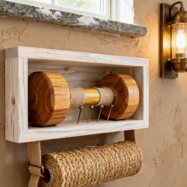 Close-up of a farmhouse-style home gym vignette showing a whitewashed wooden box shelf holding a turned oak dumbbell with a burlap-wrapped handle and four small brass hooks beneath. Below hangs a braided jute exercise mat on cotton straps, set against warm beige plaster walls; to the right, an antique brass lantern sconce glows, and above, a speckled granite windowsill with a light dusting of white powder catches daylight.