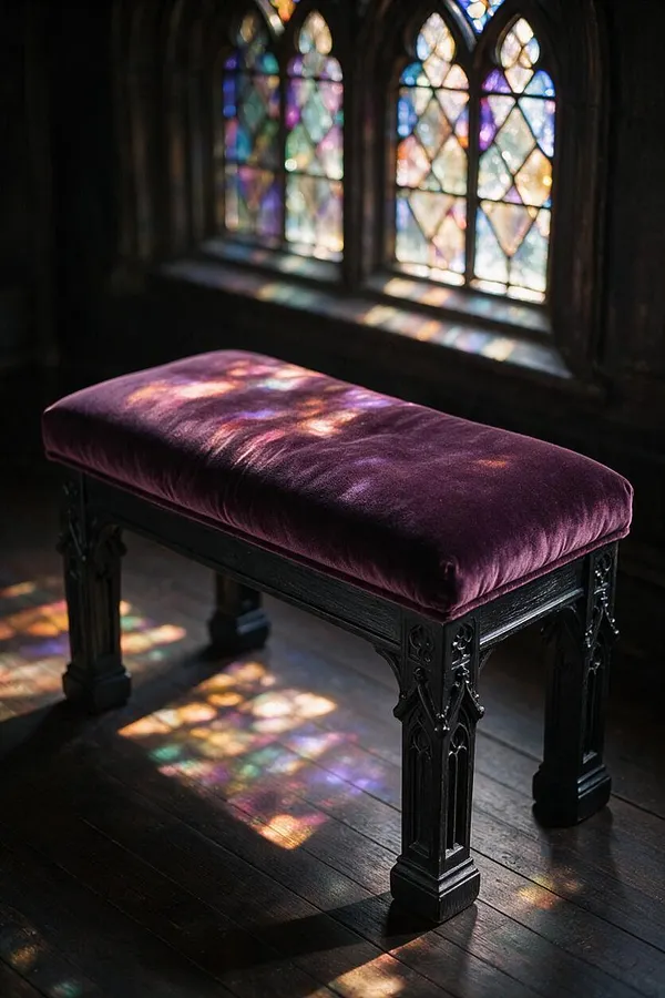 A small Gothic-style bench sits in a dark room with a deep plum velvet cushion and ornate black carved legs. Behind it, stained glass windows cast colorful light patterns across the floor and seat.
