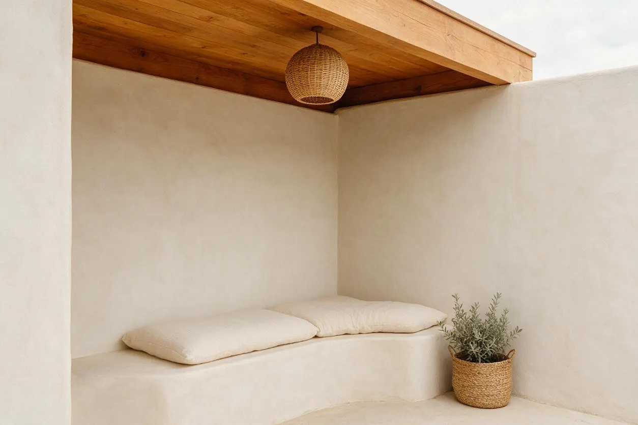 A small organic modern outdoor nook with smooth cream stucco walls, a built-in curved bench topped with two neutral cushions, and a woven basket planter with greenery. A warm wood ceiling overhead features a woven pendant light, creating a serene and natural corner.