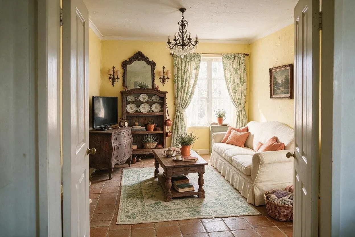 The same French Country living room in the Butter and Terracotta palette: butter yellow, cream, walnut, terracotta, and sage