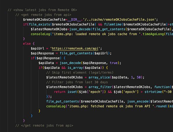 The image displays a code snippet for fetching remote job listings from the Remote OK API.