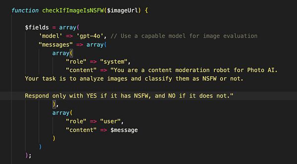 The image displays a code snippet for a function that checks if an image is NSFW using GPT-4.