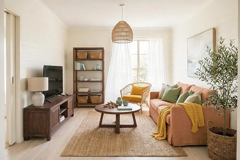 A Coastal living room in the Clay and Moss palette: cream, clay, moss, ochre, and walnut