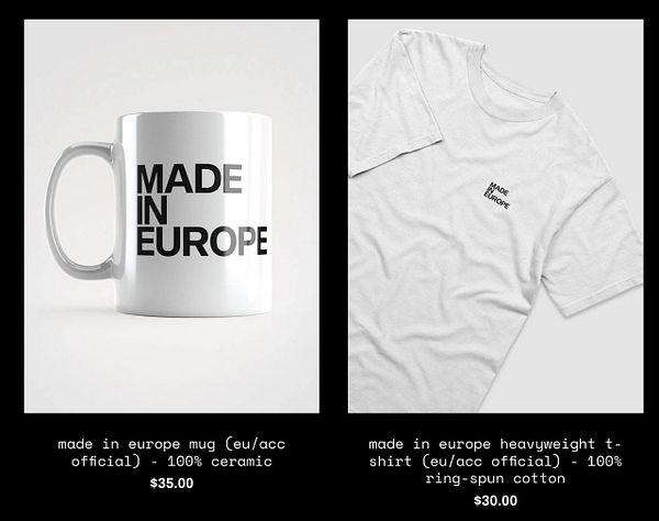 A promotional image featuring a 'Made in Europe' mug and t-shirt.