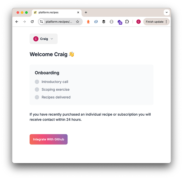The image displays a user dashboard for a platform called 'platform.recipes' with onboarding tasks for a user named Craig.