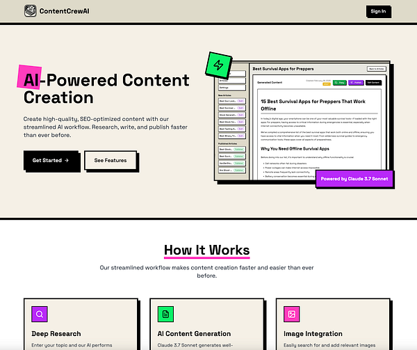 The image displays a user interface for an AI-powered content creation platform called ContentCrewAI.