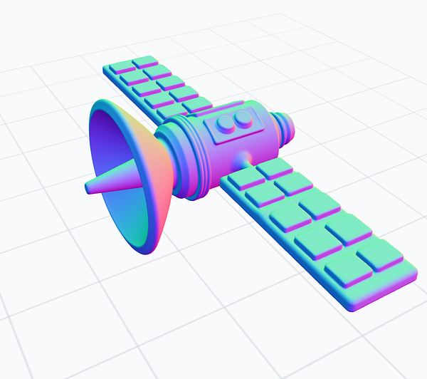 A colorful 3D model of a satellite with a dish and keyboard-like components.