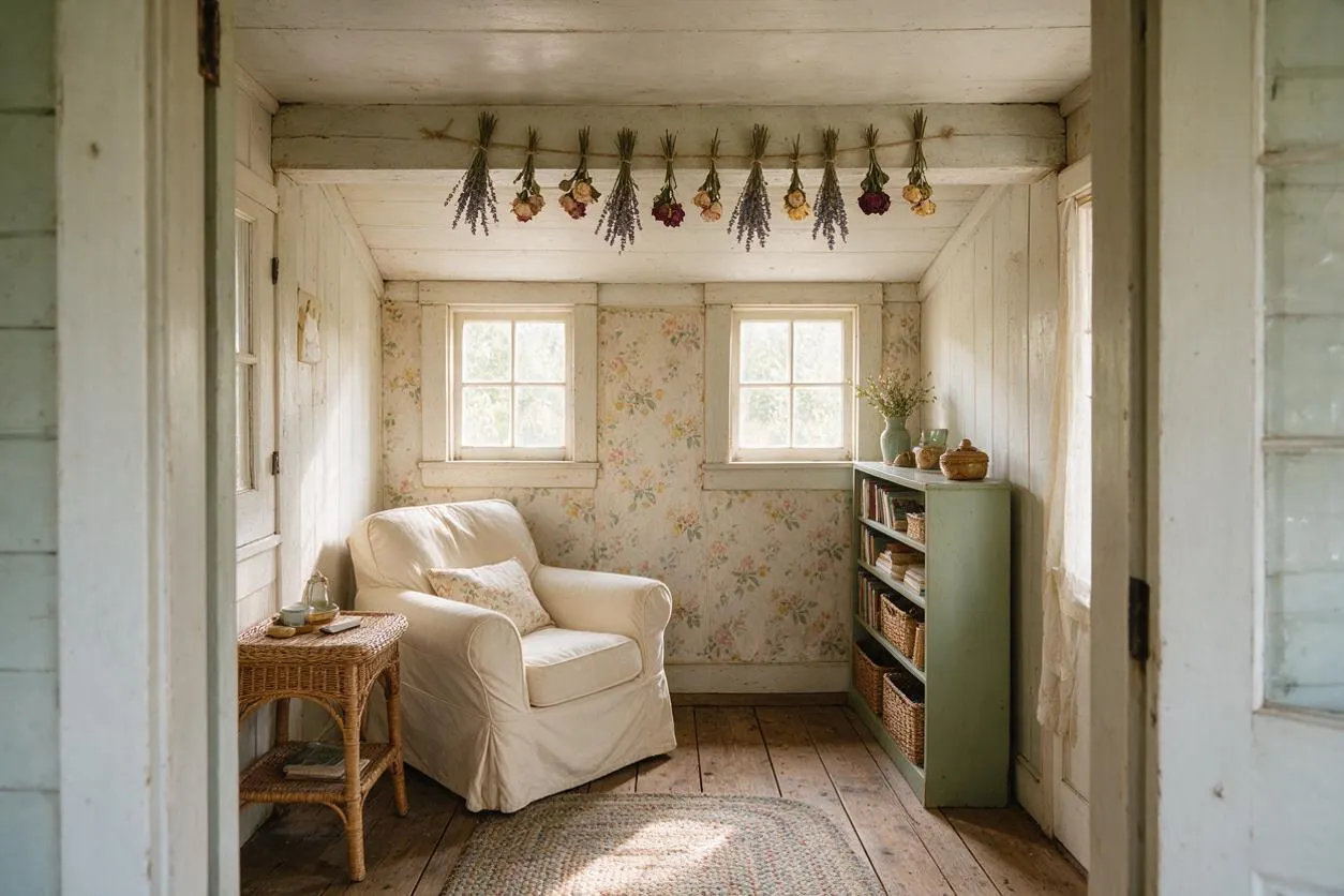 A narrow cottagecore sunroom with white-painted wood walls and ceiling, two small windows, and floral wallpaper at the back. The room features a cream slipcovered armchair, a wicker side table, a sage-green shelf filled with baskets and books, and dried flowers strung across the ceiling.