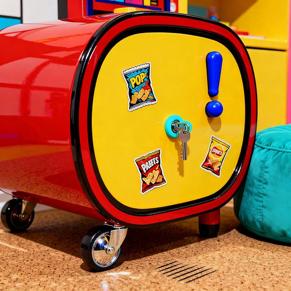 A kids’ room vignette features a glossy red rolling cabinet with a rounded bright yellow door edged in black, decorated with Pop Art snack‑pack stickers. A blue exclamation‑mark knob and turquoise key ring punctuate the door, while chrome casters sit on cork flooring beside a teal quilted pouf; behind, a yellow shelving unit and color‑block panels in vivid primaries reinforce a playful, comic‑book aesthetic with crisp lines and shiny lacquered finishes.
