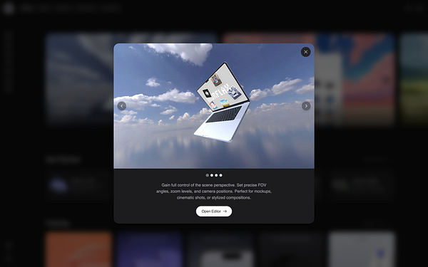 A floating laptop is displayed in a modal against a cloudy sky background.